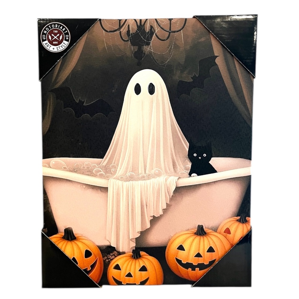 Halloween Ghost Black Cat Bats Pumpkins Bathtub Whimsy Canvas Wrapped Art NWT